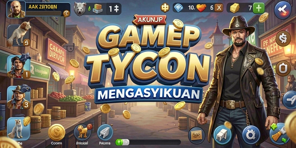 Tangkapan layar utama AKUNJP dengan gameplay Tycoon yang menantang.