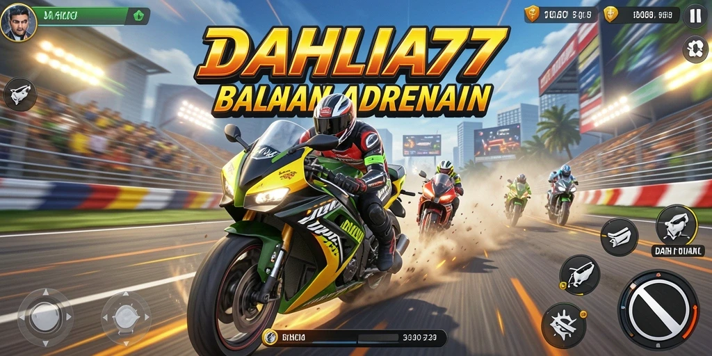 Tampilan gameplay mendebarkan dari DAHLIA77 dengan balapan motor.