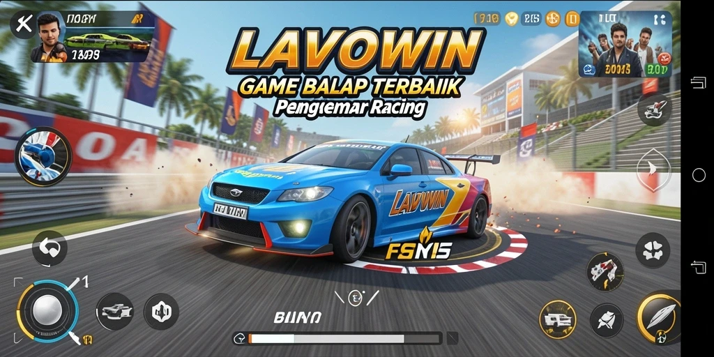 Screenshot gameplay LAVOWIN menunjukkan balapan seru di lintasan yang menantang.