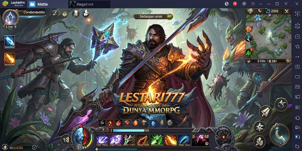 Tangkapan layar gameplay LESTARI777 menampilkan pertempuran epik antar karakter di dunia fantasi.