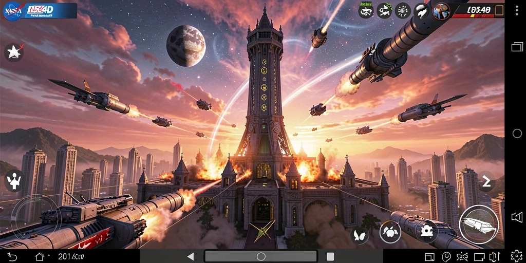 Screenshot menunjukkan aksi pertahanan menara yang dramatis dalam NASA4D.