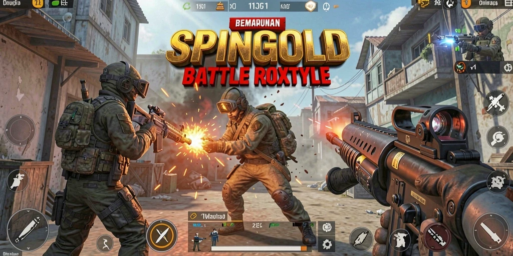 Tangkapan layar gameplay SPINGOLD yang menunjukkan pertempuran seru di arena Battle Royale.